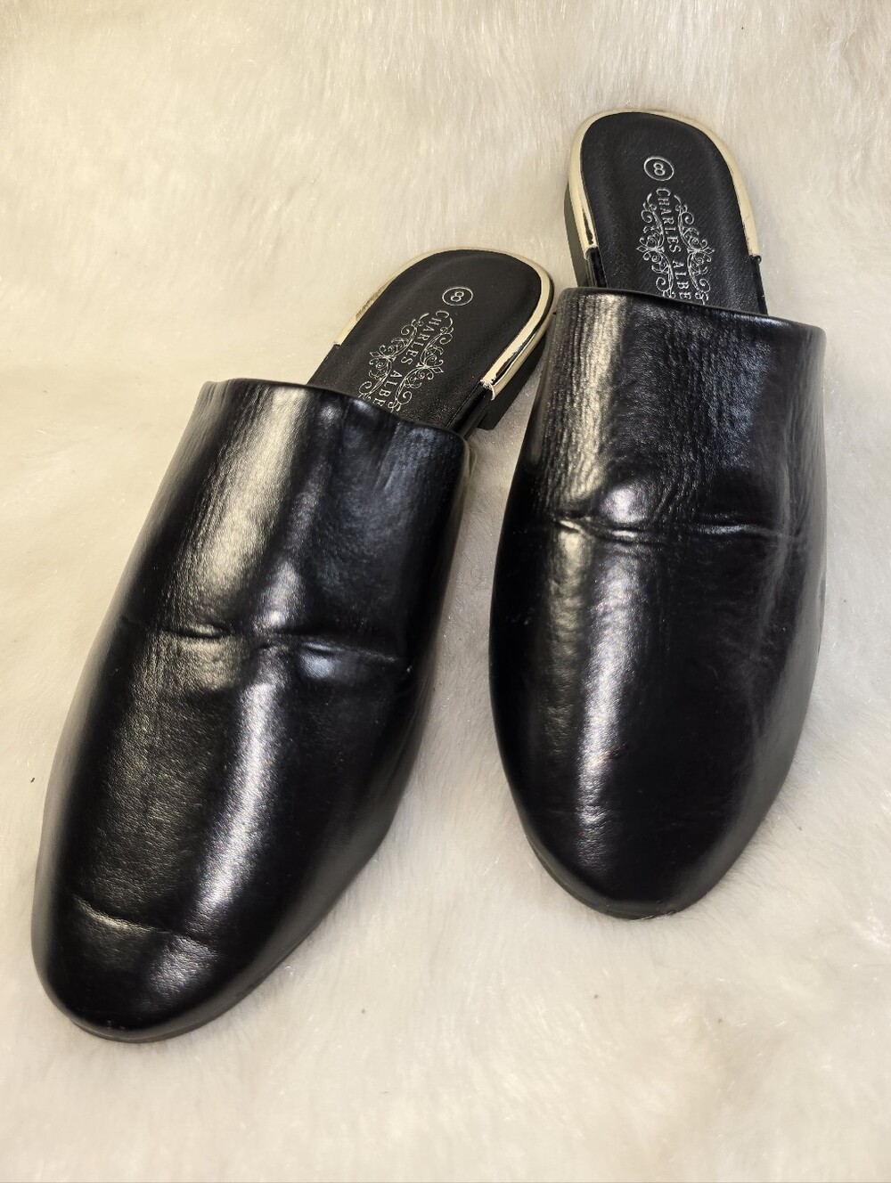 Charles Albert Black Vegan Leather Slip-On Mules for Women